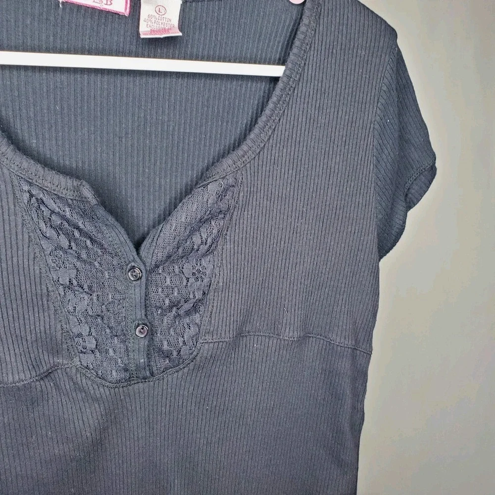 Deb‎ Vtg Ribbed Lace Babydoll Top Women Large Black Button 90s Y2K Grunge Fairy